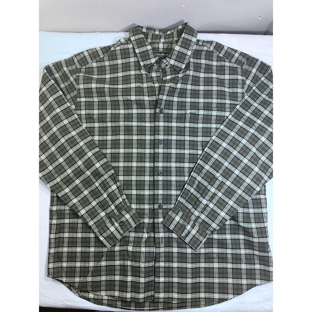 Eddie Bauer Mens XL Plaid Button Front Shirt Green Gray Long Sleeve Cotton XL